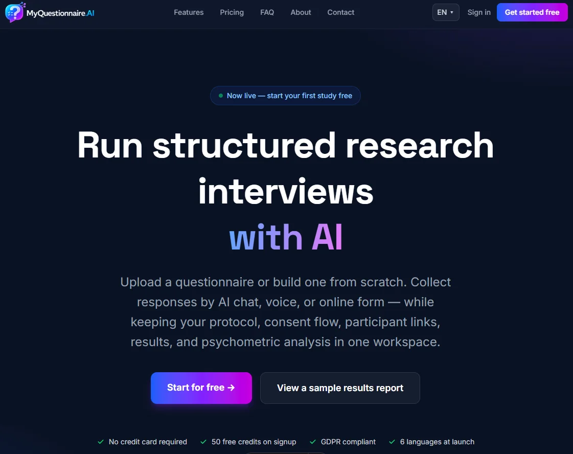 The myquestionnaire.ai results dashboard, showing a study's sessions and response summary